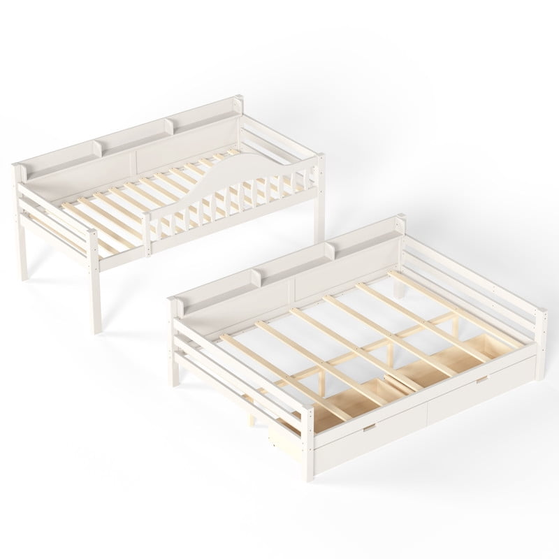 Twin Over Full Bunk Bed with 2 Storage Drawers, Solid Wood Kids Bunk Bed with Curved Guardrails, Side Storage Shelves and Ladder, No Box Spring Needed