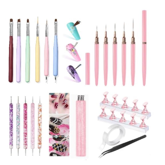 Nail Art Brushes Set & Dual-Ended Tools, 29Pcs Professional Manicure Kit Includes Liner Brushes, Dotting Pens, and Holder for DIY Painting, Acrylic,Gel Nails at Home