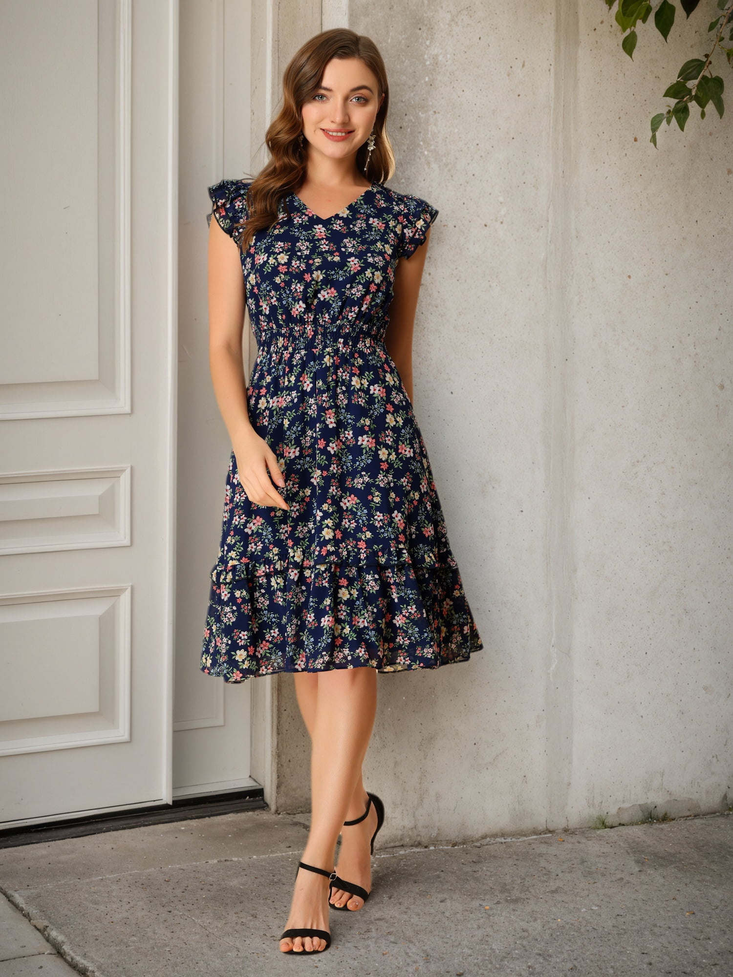 DARING DIVA Floral Flutter Sleeves V Neck Smocked Ruffle Dress XS Navy
