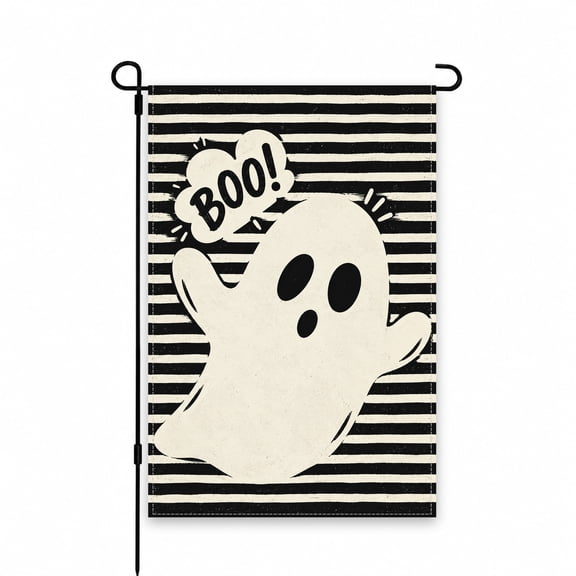 Ghostly Boo Garden Flag 12 x 18 Inch Halloween Outdoor Decor for Yard, Lawn, Patio, Porch – Festive Seasonal Ghost Design on Striped Black and White Background