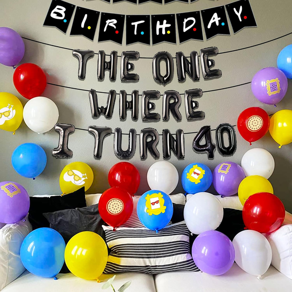 Black Theme 40th Birthday Party Decoration Set - Includes Letter Balloons, Colorful Banner, Background, and Colored Balloon Decorations