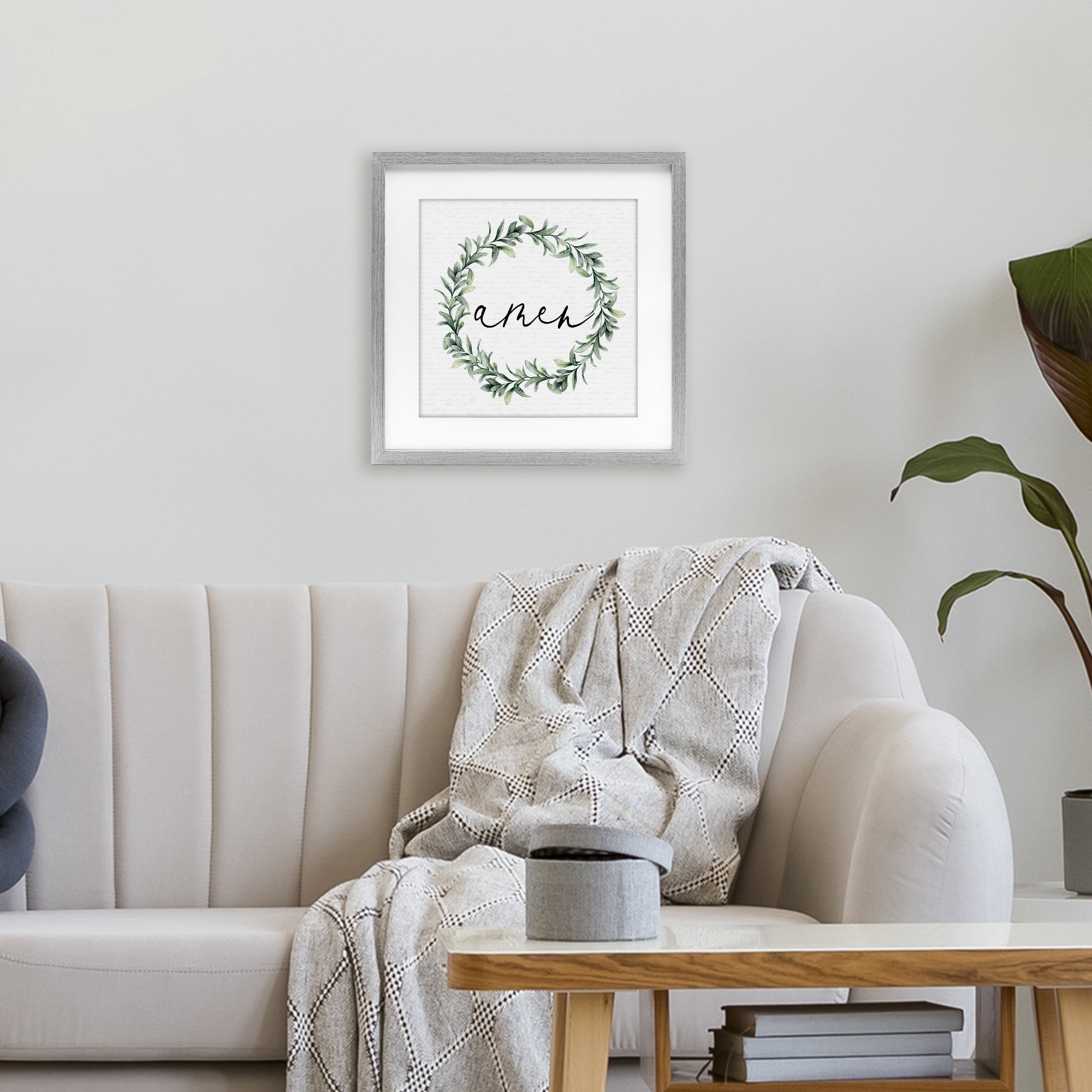 Amen Botanical Wreath & Script Gray Framed Print Under Glass, design by Lettered and Lined