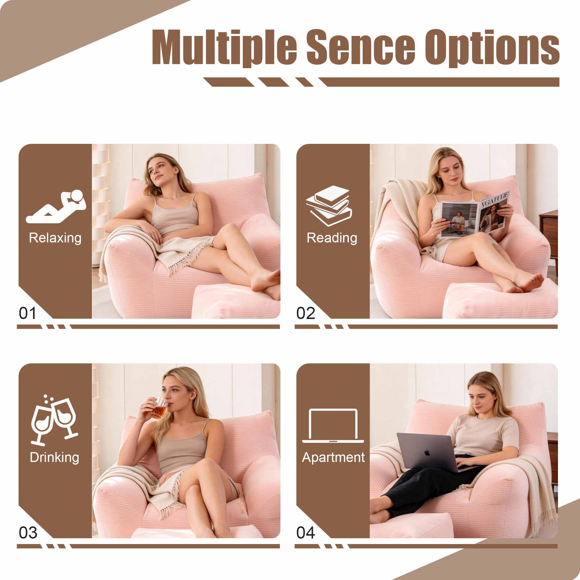 Lunale Oversized Bean Bag Chair with Ottoman, Boneless Lazy Sofa Chair for Bedroom, Living Room, Pink Corduroy