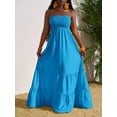 thumbnail image 6 of Aqua Blue Solid Strapless Ruffle Hem Maxi Dress For Women, 6 of 7