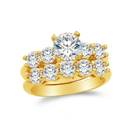 14k Yellow Gold CZ Cubic Zirconia Round Bridal Engagement and Wedding Two Ring Set (1.0ct. Center Stone) , Size