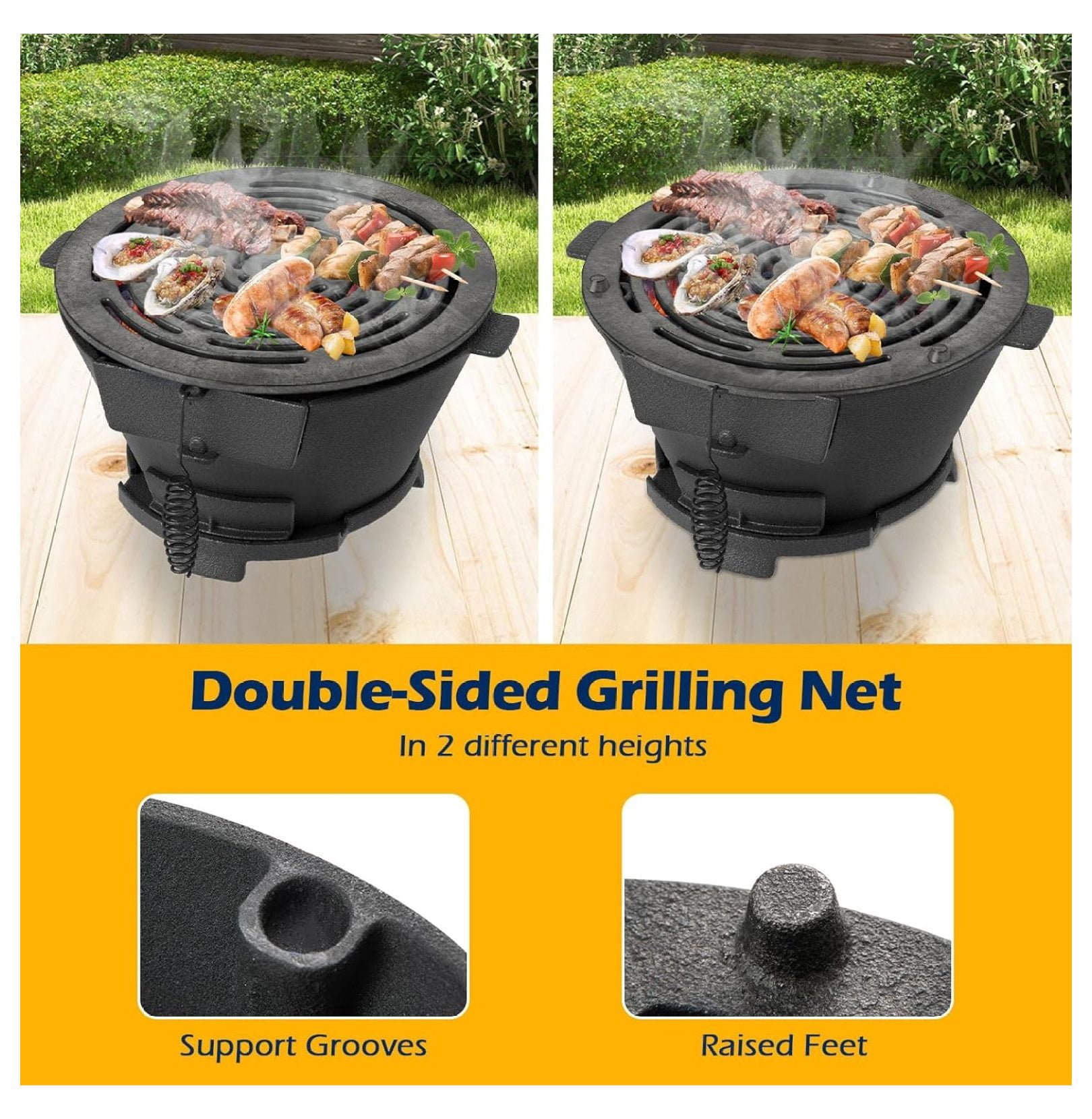 Cast Iron Hibachi Charcoal Grill XYT Portable Japanese BBQ Double-Sided Grate for Camping Picnic