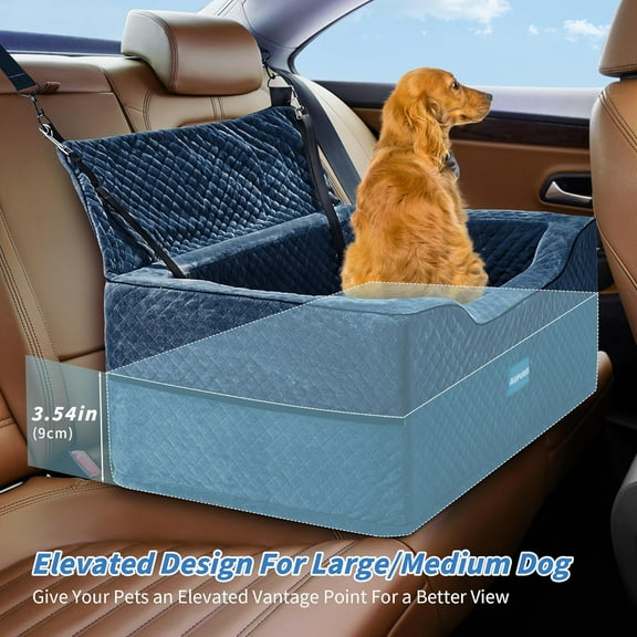 Perfect Dog Car Seat - Large/Medium Dog Booster Seat (Up to 55 lbs), Adjustable Height, Fabric (Navy)