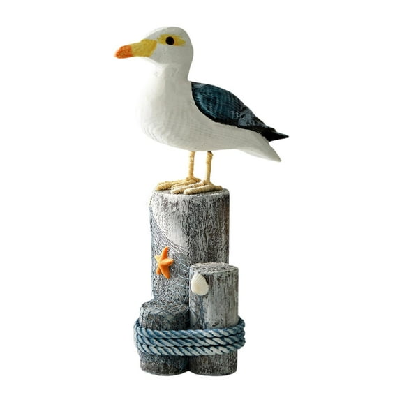 Sea Bird Statue Seagull Sculpture Animal Figurine Wooden with Hemp Rope Details for Home Office Tabletop Decor