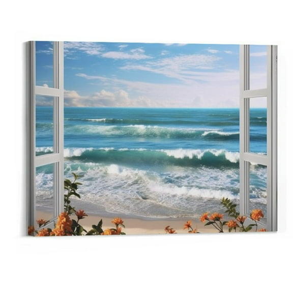 Creowell Window View Coastal Wall Art: Blue Ocean With Seaside Blooming Wildflower Painting Modern Beach Bedroom Canvas Artwork Quiet Nature Seascape Relax Picture Sea Wave Office Living Room 20x16in