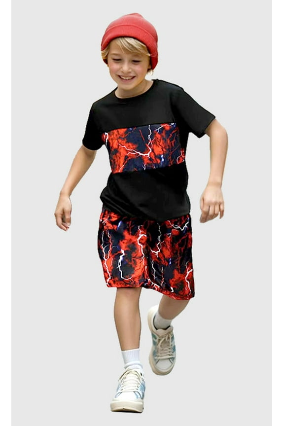 Boys Short Sets Color Block T-Shirt and Shorts 2-Piece Outfit Summer Lightning Clothes 11-12 Years