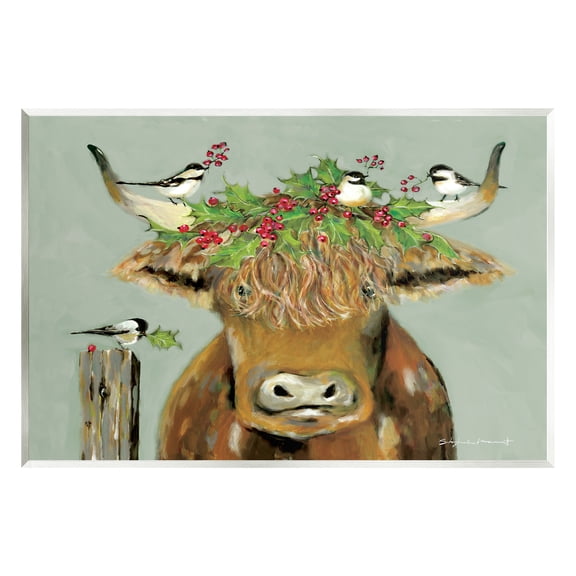 Stupell Industries Cattle & Birds Holiday Holly Holiday Painting Unframed Art Print Wall Art