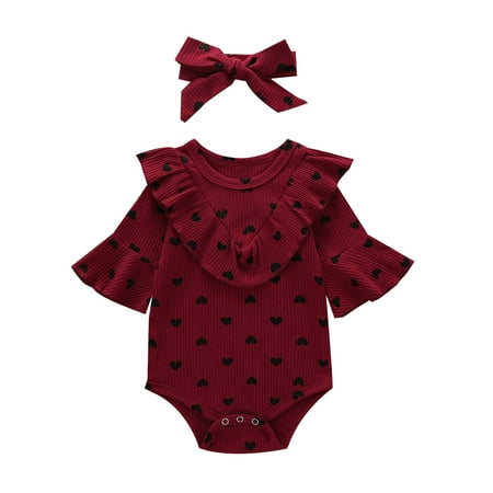 

MELDVDIB Baby Romper Infant Baby Girls Valentine s Day Hearts Print Ruffles Romper Bodysuit+Headbands Gift on Clearance