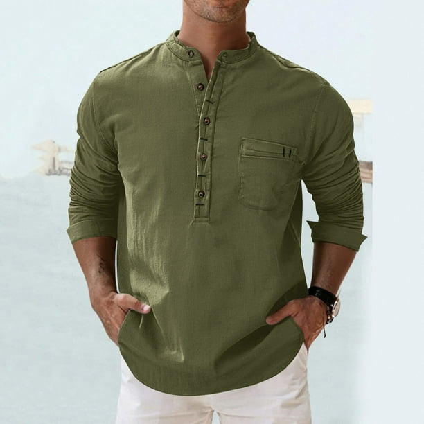 Blusa y camisa de manga larga con cuello alto para hombre, informal, a la moda, de color liso, transpirable, de manga larga, con cuello alto y bolsillo con botones, blusa de poliéster para hombre