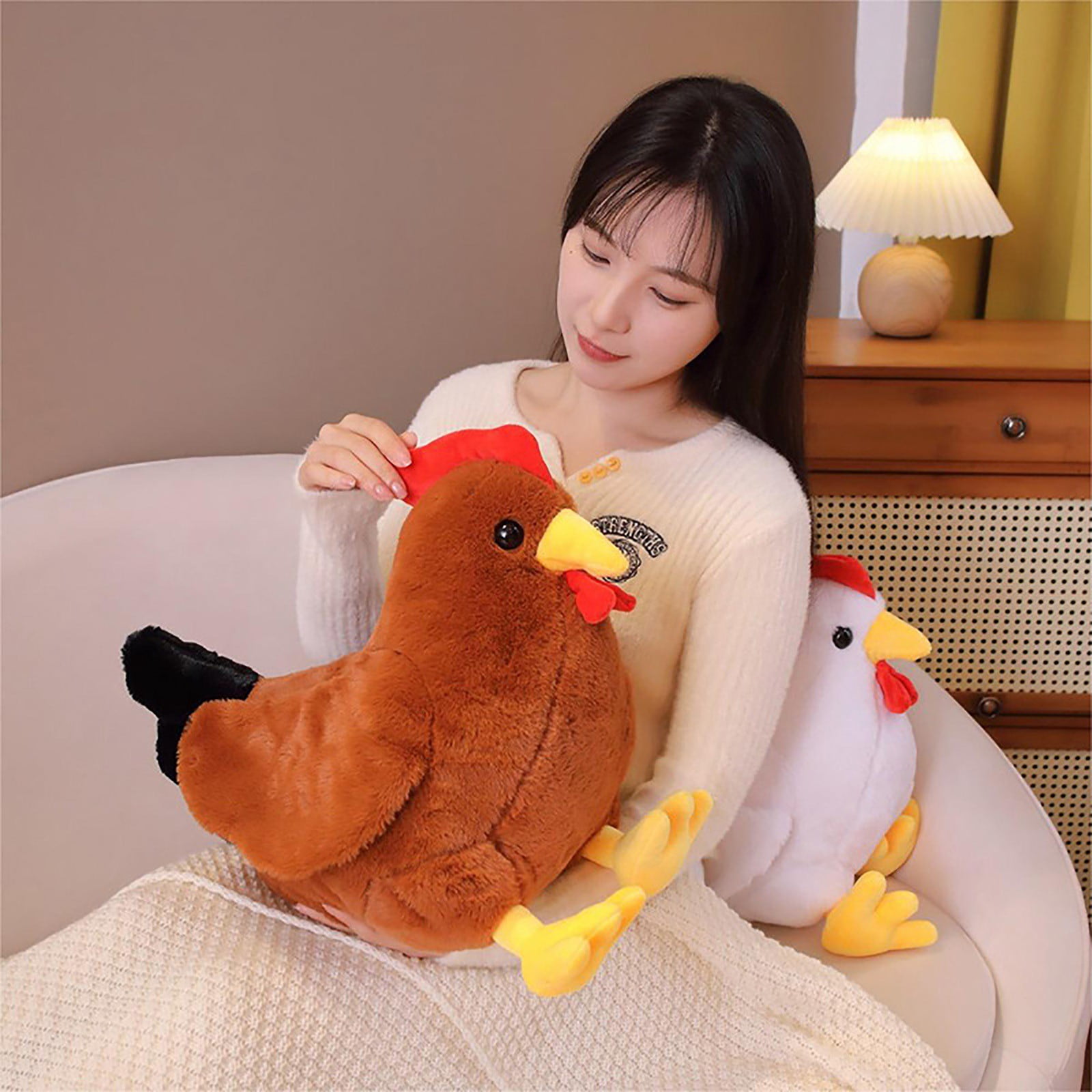 pdqouc Cute Soft Comfort Rooster Doll Plush Toy Animal Hugging Pillow Chicken Doll with Expandable Wing and Yellow Foot Unique Children's Birthday Thanksgiving Christmas Gifts White&Brown
