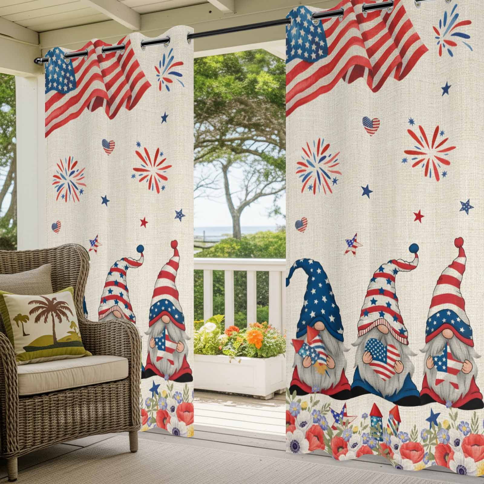 Independence Day Outdoor Curtains for Patio, Gnome Poppy US Flag Retro 4th of July Sunshade Privacy Drapes Grommet Waterproof Outside Curtains for Porch/Cabana/Balcony 54"x 108", 1 Panel