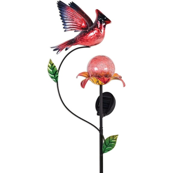 93837 Solar Tall Glass and Metal Outdoor Lighting Derative Plant Pick Garden Stake, 46-Inches, Cardinal