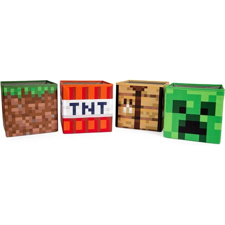 HOMEZY-US 10-Inch Storage Bin Set (4-Pack) | Creeper, TNT, Grass, Crafting Table – Fabric Organizer for Playroom