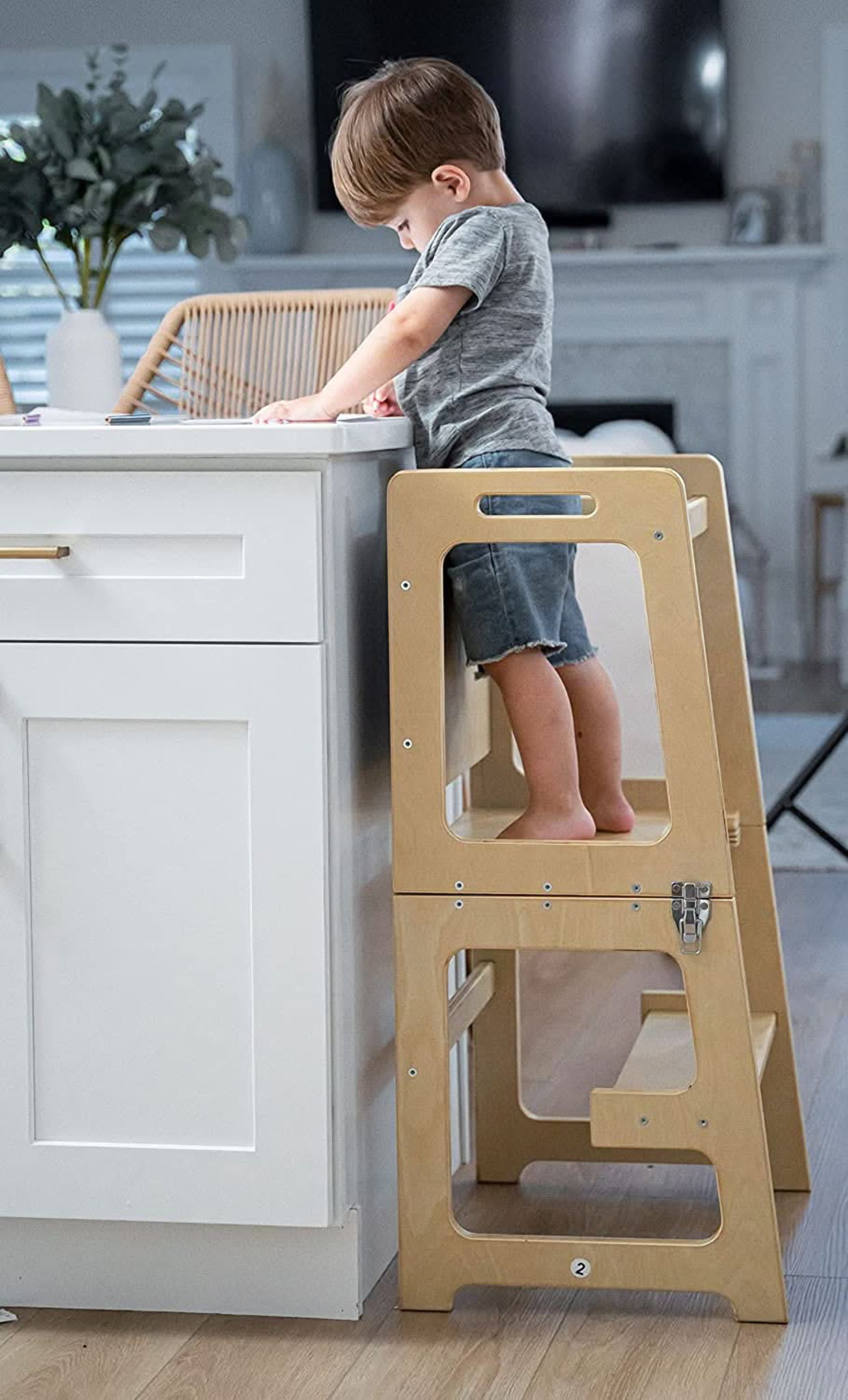 Avenlur Date 4-in-1 Foldable Kitchen Tower - Toddler Step Stool with Chalkboard, Desk Table and Chair - Waldorf and Montessori Kitchen Stool - Kitchen Stool Tower for Toddlers 18 Months to 6 Years