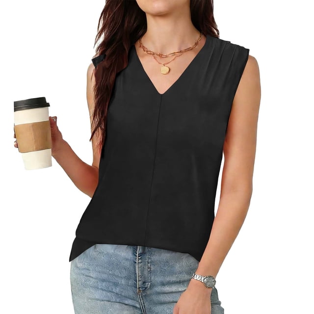 TaTaai Womens Casual Solid Color V Neck Sleeveless Ruched Tank Top Soft Breathable Polyester Comfortable Fashion Stylish Summer Daily All Occasion Wear Top Gift