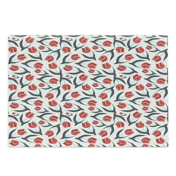 Tulip Cutting Board, Original Vintage Inspired Irregular Dutch Tulips and Leaf Ornate Boho Retro Artprint, Decorative Tempered Glass Cutting and Serving Board, Large Size, Red Green, by Ambesonne
