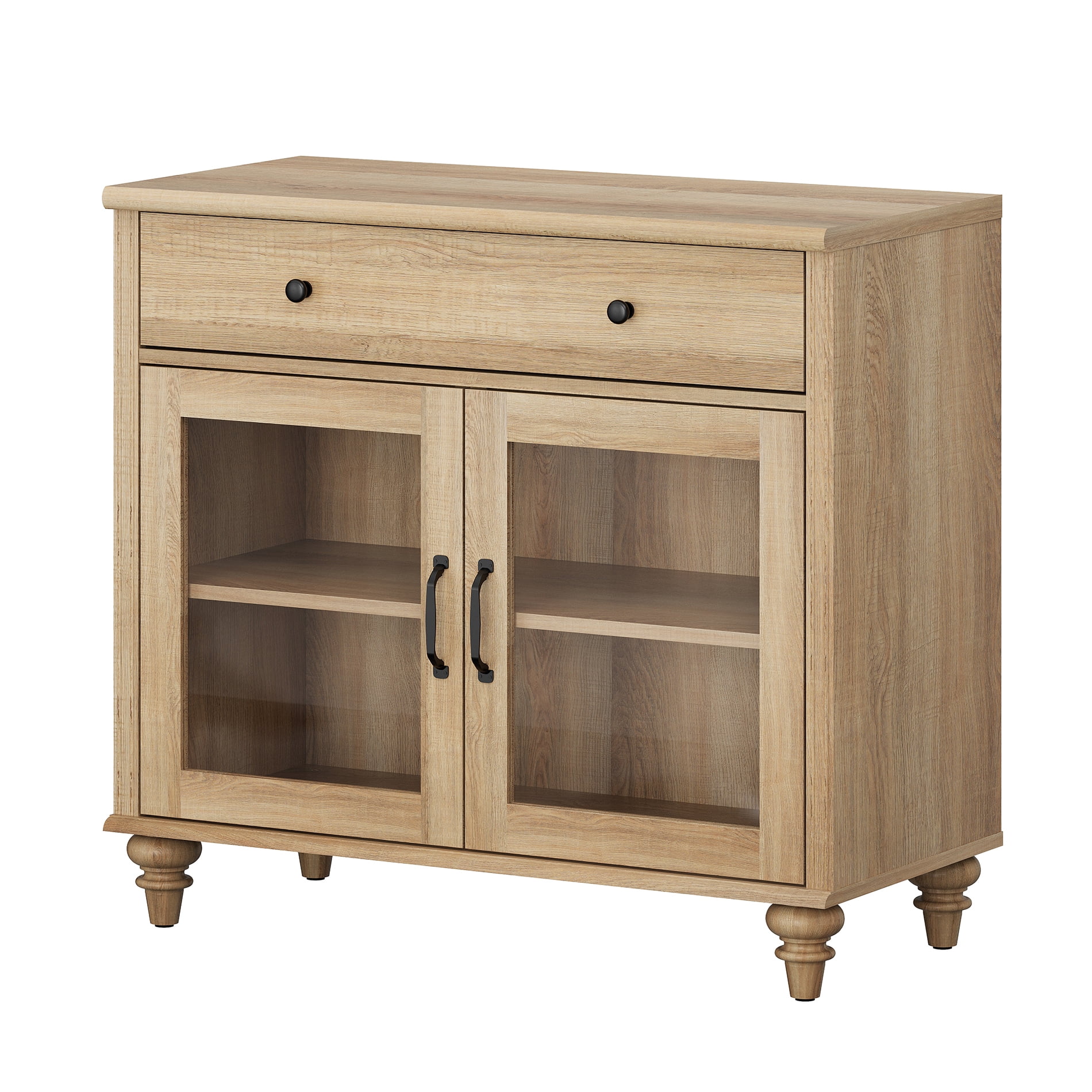 34" Oak Glass Door Buffet Cabinet with Drawer, Farmhouse Sideboard with Storage