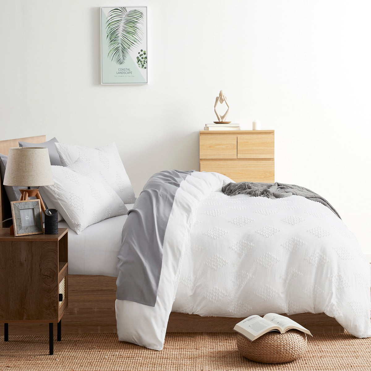 Nestl Boho 3 Piece Duvet Cover Set, Tufted Embroidery Double Brushed Duvet Cover with Button Closure with 2 Pillow Shams, Twin (68"x90") - White