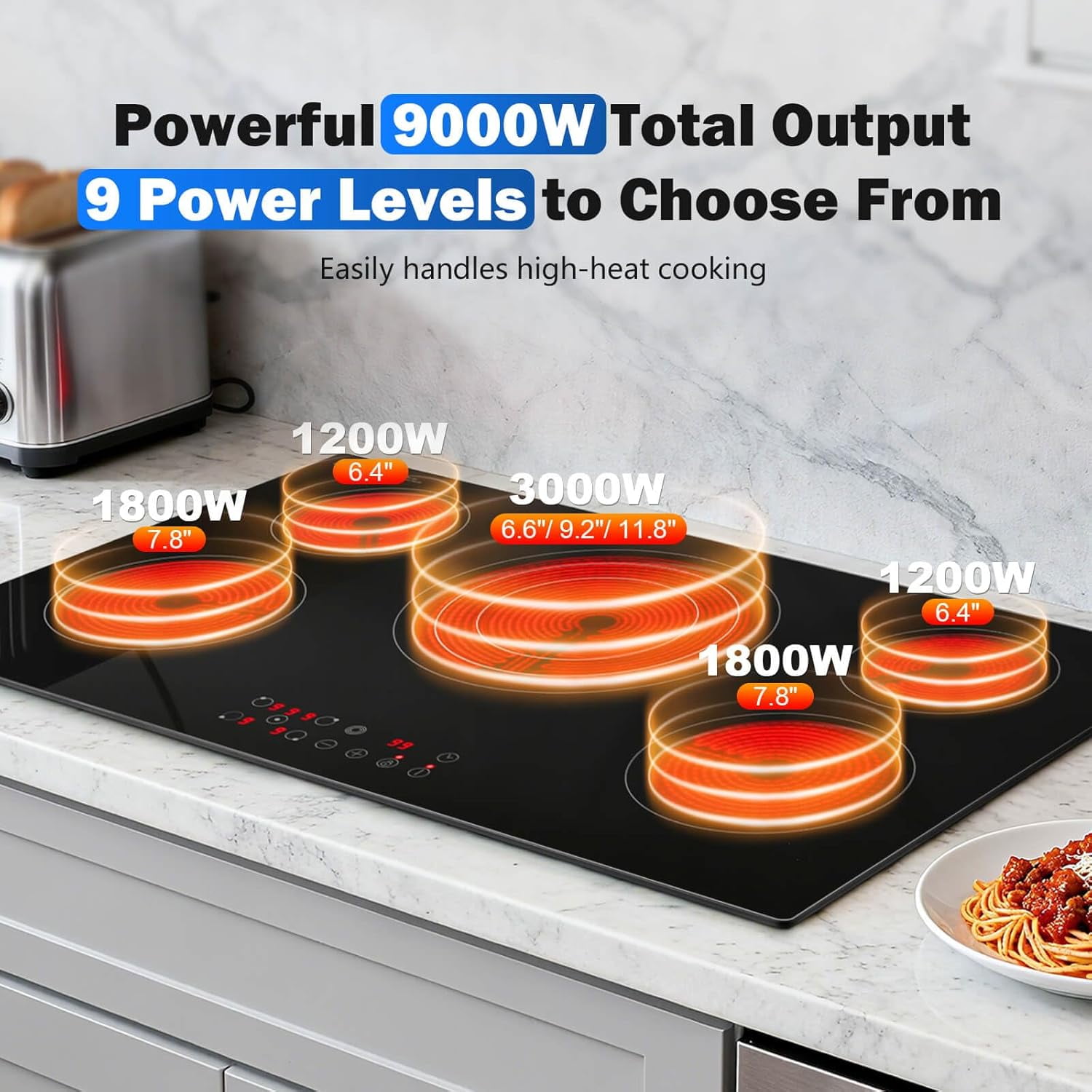 36 inch Electric Cooktop 5 Burners 9000W Built-in Glass Ceramic Electric Stove Top with Touch Control 9 Power Levels Child Lock Triple-Ring Zone 240V Hardwired for Kitchen Countertop 36"