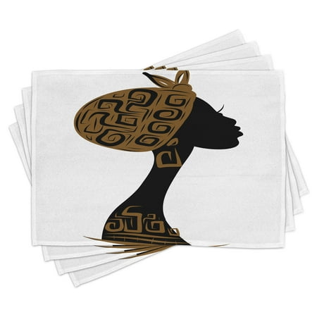 

African Woman Placemats Set of 4 Face Profile Silhouette Woman with Headscarf Tribal Art Folk Elements Washable Fabric Place Mats for Dining Room Kitchen Table Decor Brown Black White by Ambesonne