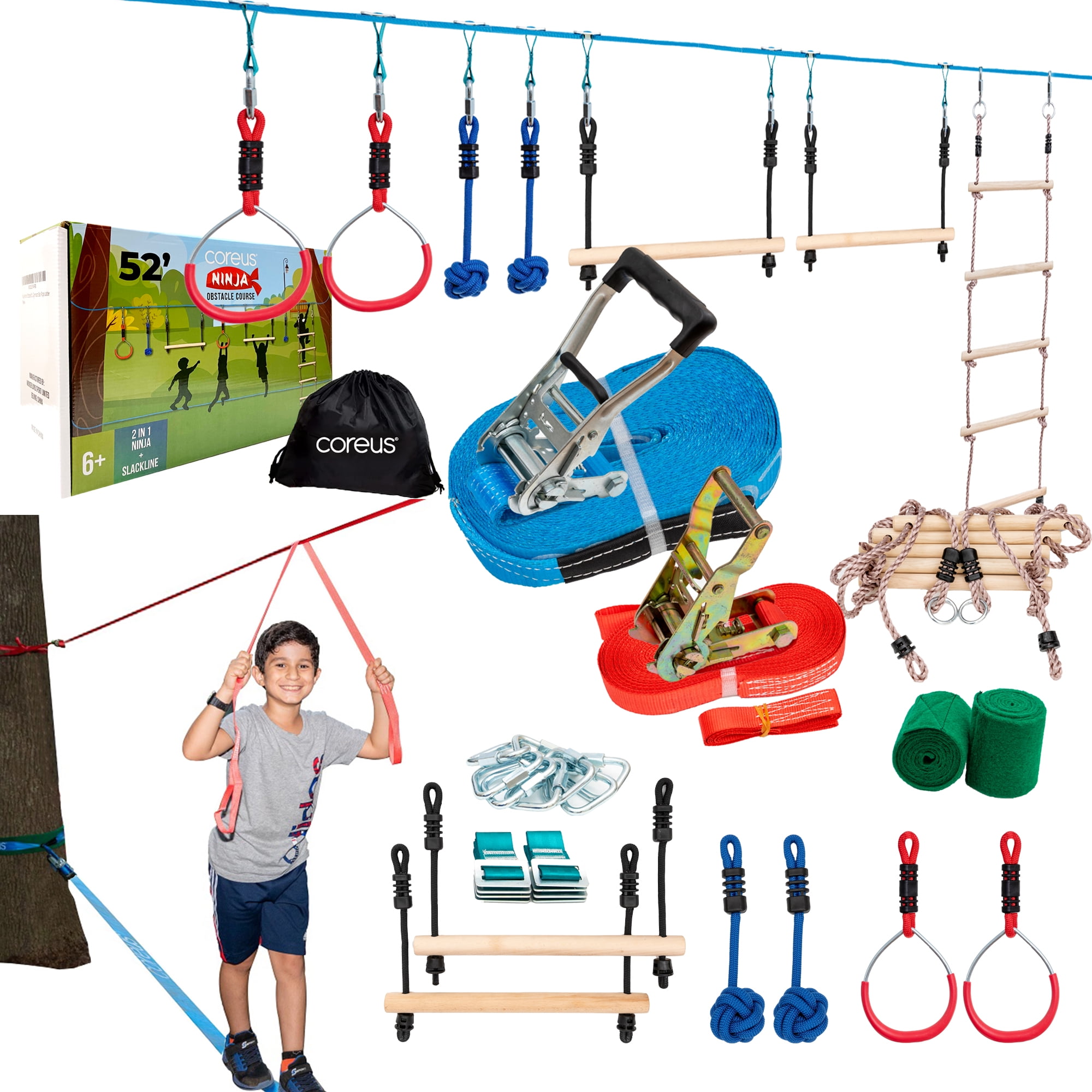 Slackline Kit 50' with 8 Accessories ... Ninja Warrior Obstacle Course for Kids 
