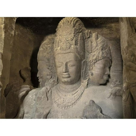 Three Headed Sculpture of Maheshmurti Shiva At Elephanta Caves Elephanta Island Mumbai Harbour Mumbai Maharashtra India Poster Print, 9 x 12