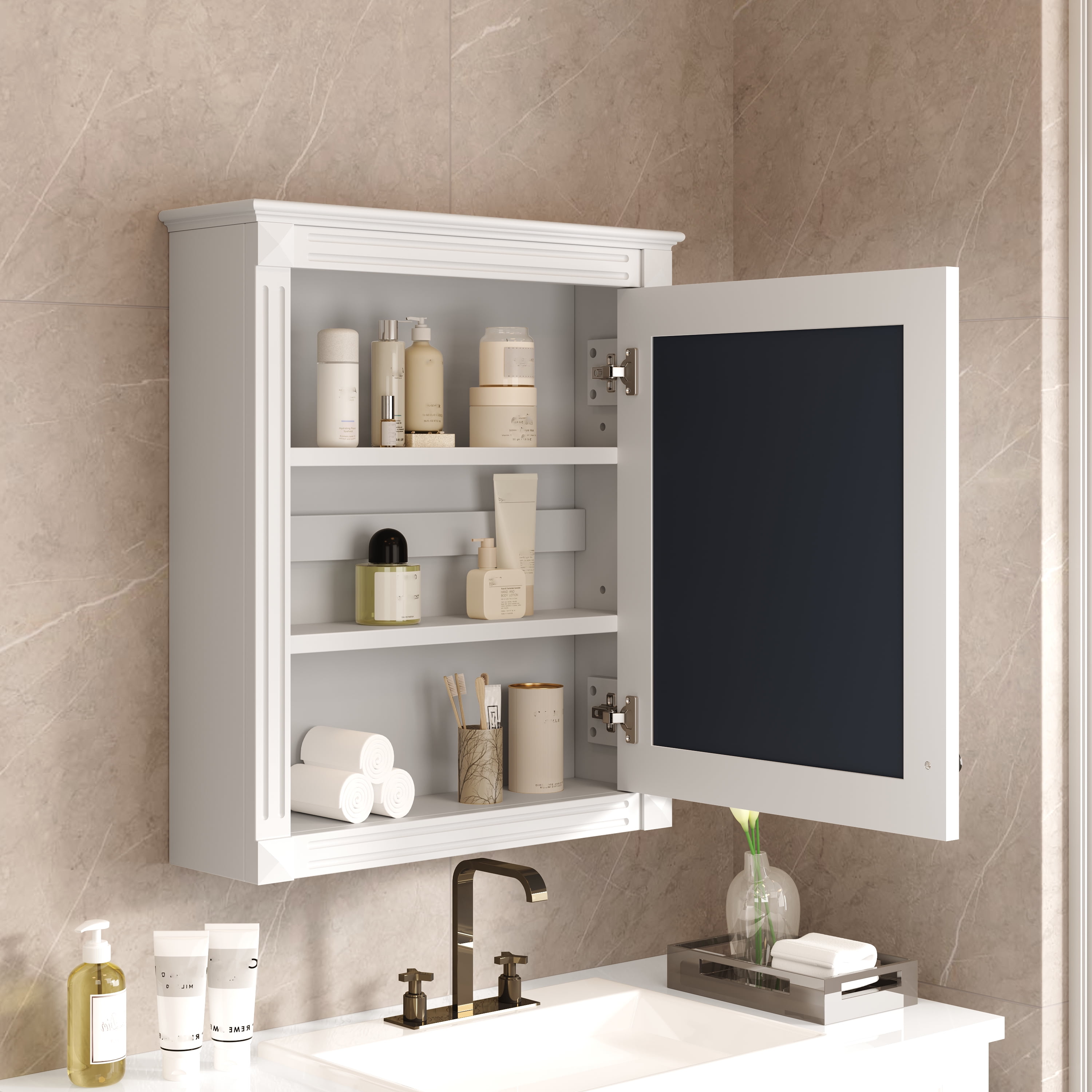 Euroco 24'' x 27'' Wall Mounted Bathroom Storage Cabinet with Mirror, Medicine Cabinet with Height Adjustable Shelf, Over the Toilet Space Saver Cabinet