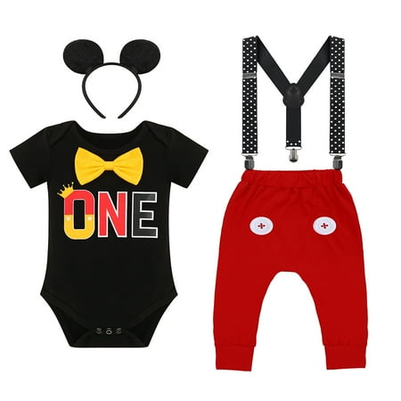 

IBTOM CASTLE Baby Boys First Birthday Cake Smash Outfits Suspenders Bloomers Bowtie Mouse Ear Photography Props 4-Piece 6-12 Months Black-Buttons