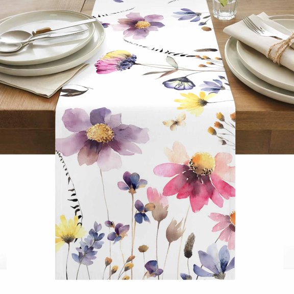 Purple Spring Floral Table Runner - 120 Inch Long, Kitchen Dining Table Runner Dresser Scarves, Pink Flowers Farmhouse Watercolor Farmhouse Decor for Coffee Tables Wedding Party Banquet