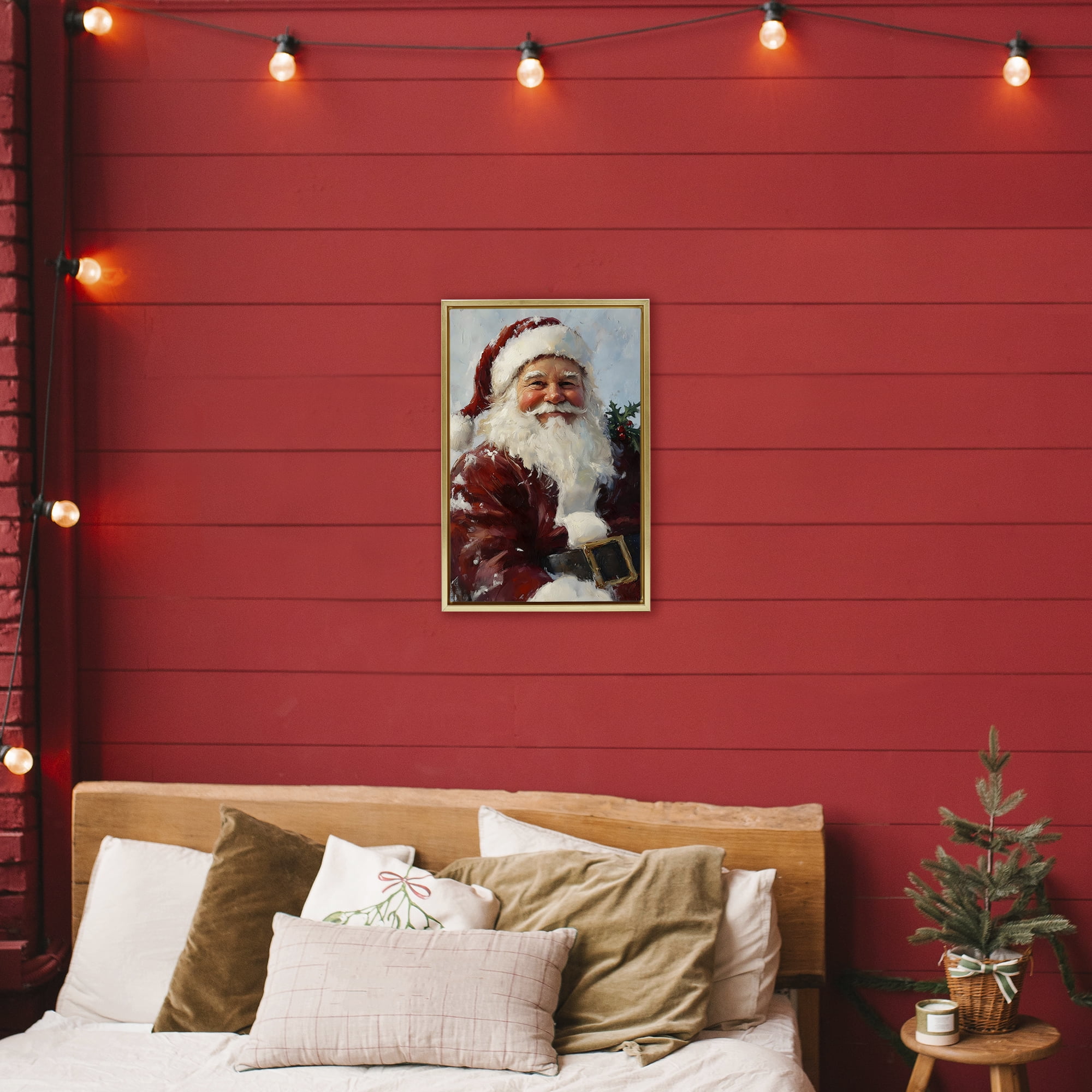Rosy Cheeked Santa Smile Gold Framed Floater Canvas Wall Art, design by Petal Prints Design