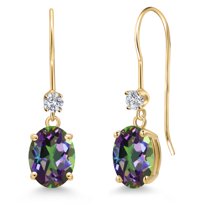 Gem Stone King 14K Yellow Gold Green Mystic Topaz and Lab Grown Diamond Earrings for Women | 3.28 Cttw | Gemstone November Birthstone | Oval 8X6MM