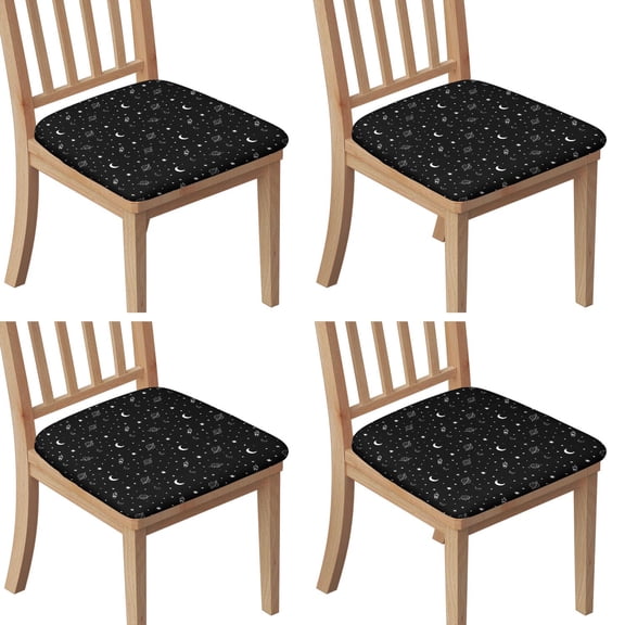 Black White Star Moon Planet Comet Pattern Seat Covers for Dining Room Chairs Set Of 4,Stretch Printed Washable Chair Seat Cover with Elastic Ties and Button,Removable Waterproof Couch Cushion Covers