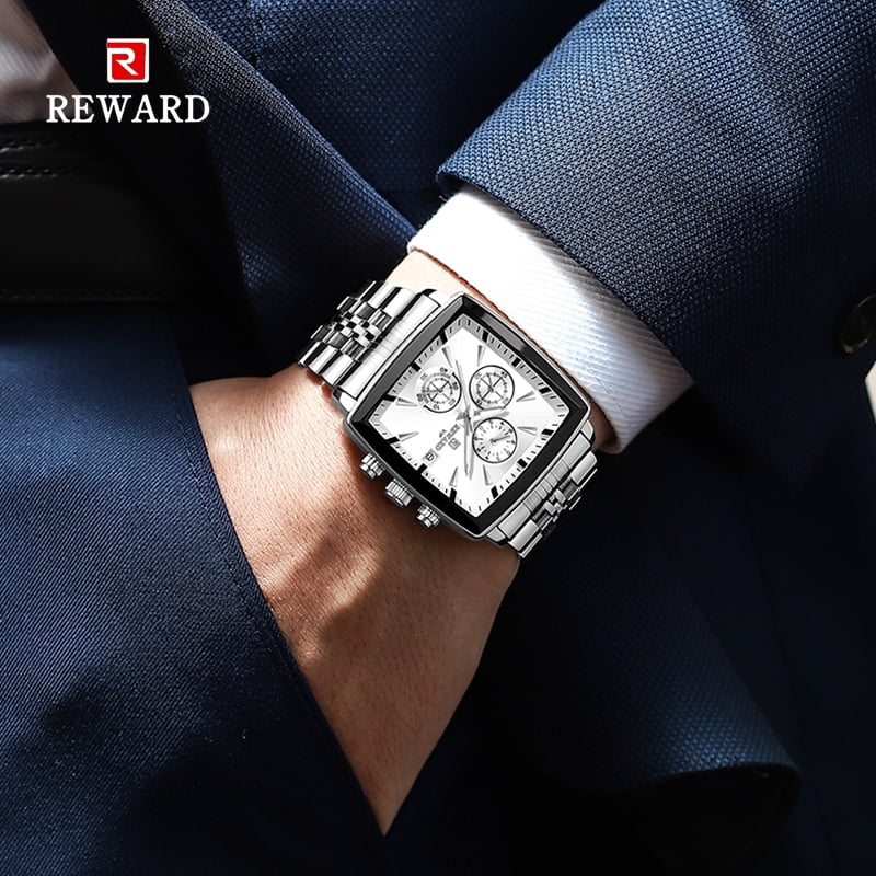 Square Watches for Men Silvery Stainless Steel Chronograph Fashion Business Watch Luminous Waterproof Casual Wrist Watches