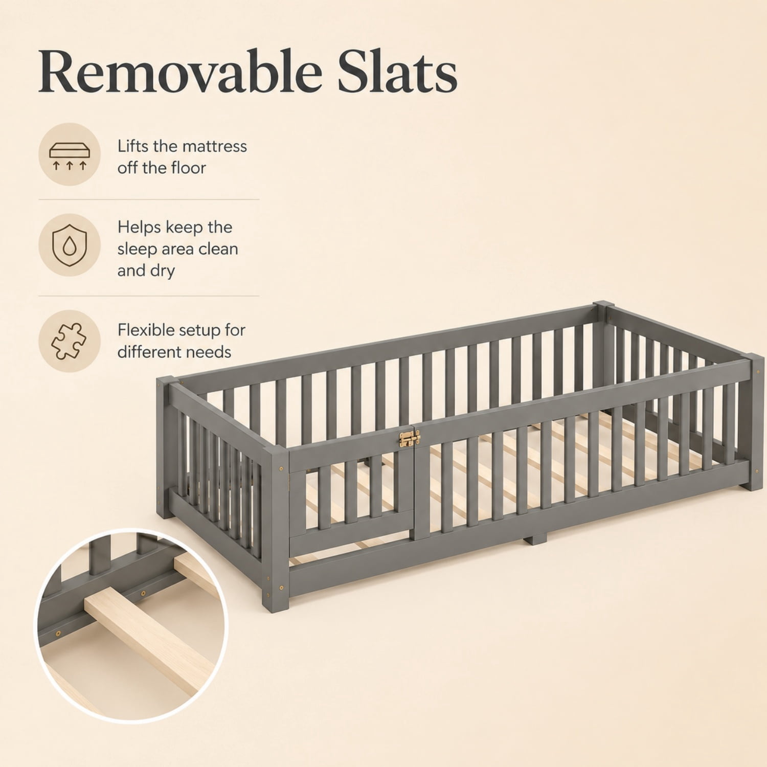 Miniyam Twin Floor Bed for Kids – Low Profile Wood Bed Frame with Rails, Gray