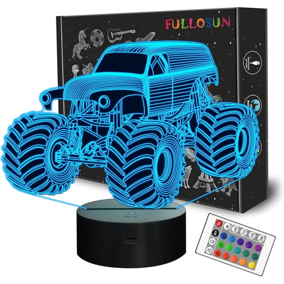 FULLOSUN Monster Truck Night Light for Kids, 3D Illusion LED Lamp with Remote Control & 16 Colors Changing & Timer Function, Car Shape Home Table Decor Birthday Xmas Present for Boy Teens Children