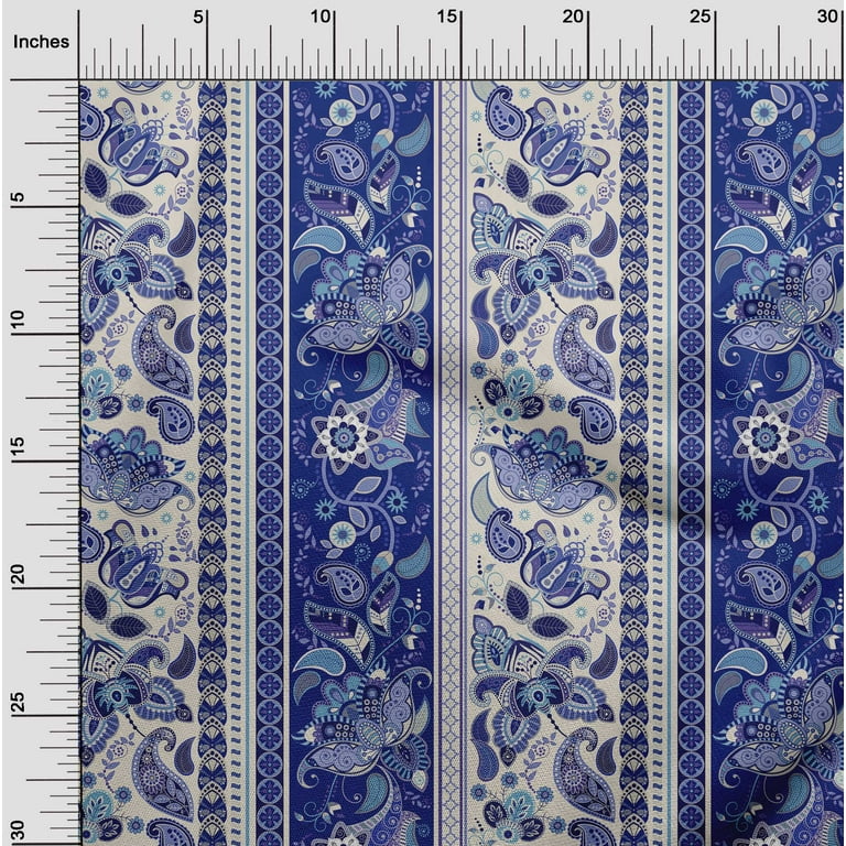 Off White Blue Paisley Pattern Print on Solid Hi-multi Chiffon