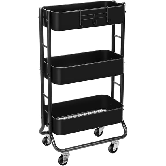 Slim 3-Tier Rolling Utility Cart, Narrow Metal Bathroom Storage Multifunctional Organizer Carts with Wheels with Extra Hook, Laundry Room,Kitchen,Small Space(Black)