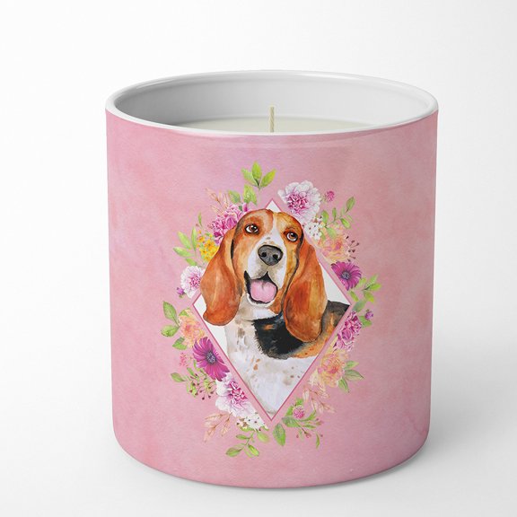 Carolines Treasures CK4116CDL Basset Hound Soy Candle 10 oz Decorative Gift Scented Soy Candles for Home Pink Flowers 10