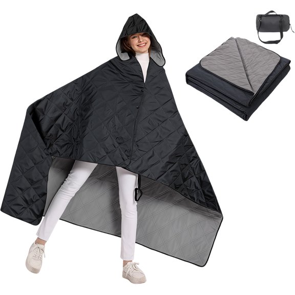 Hooded Stadium Blanket, Waterproof Windproof Outdoor Fleece Blanket - Large (79x56), Portable, Wearable, Warm for Outdoor Camping, Picnic, Stadium, Sports, Beach, Concerts, Car, Dogs…