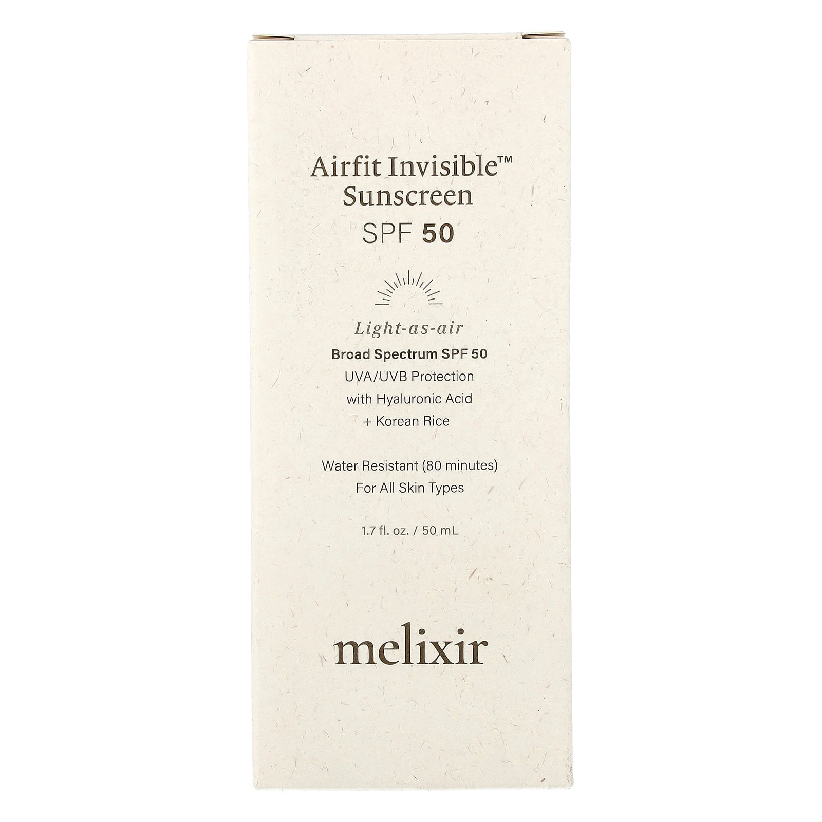 Melixir Airfit Invisible™ Sunscreen SPF 50, Broad Spectrum Korean Rice Sunscreen for Face, Hyaluronic Acid, Moisturizing Daily Protection for Sensitive Skin, No White Cast, Waterproof (1.7fl.oz/50ml)