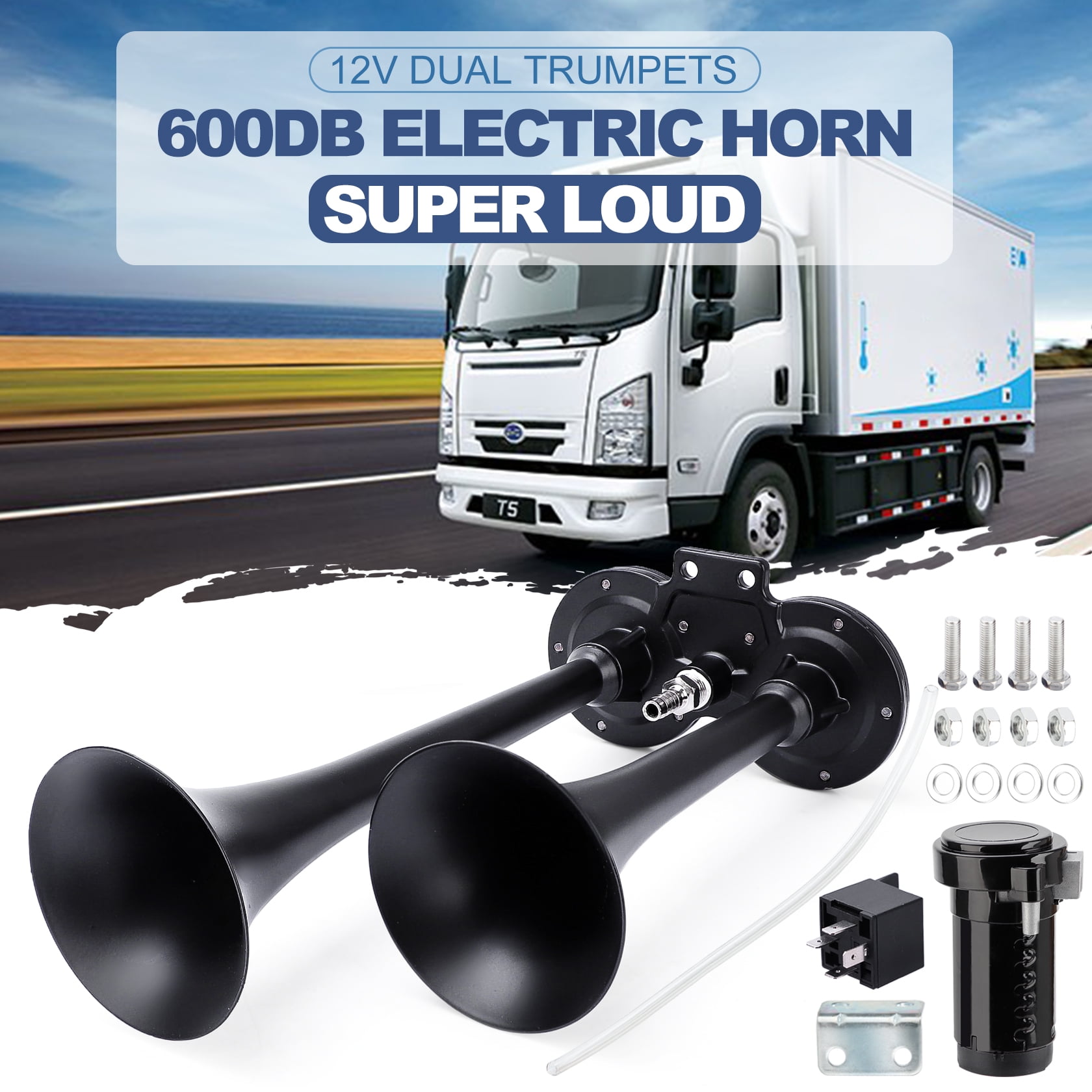 CarBole 12V 600DB Loud Dual Trumpet Train Heavy Duty Air Horn Kit for Car and Truck, Black