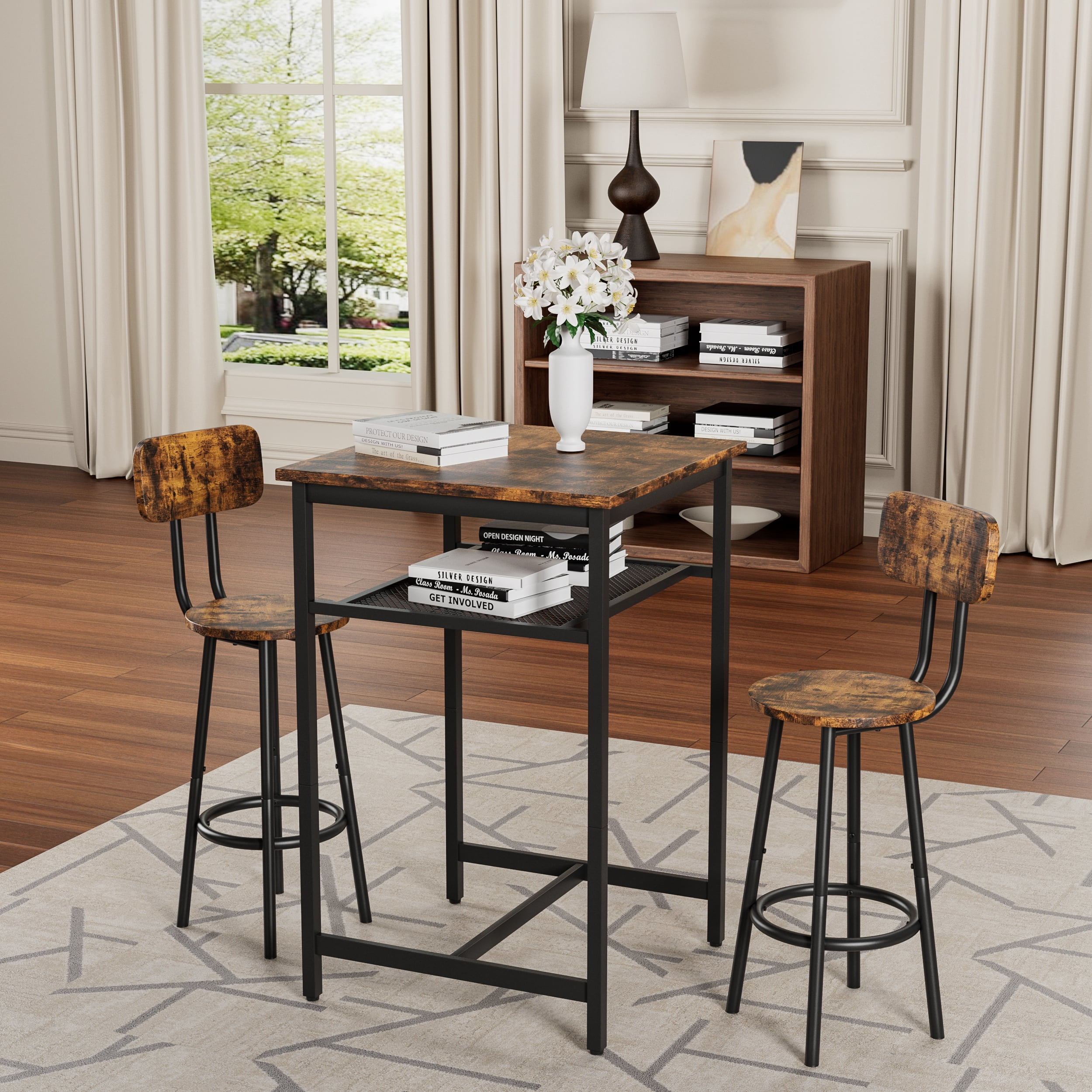 Bar Table Set of 2,Bistro Kitchen Table Sets,Wood Pub Bar Table Set with Storage Rack for Small Space, Apartment,Brown
