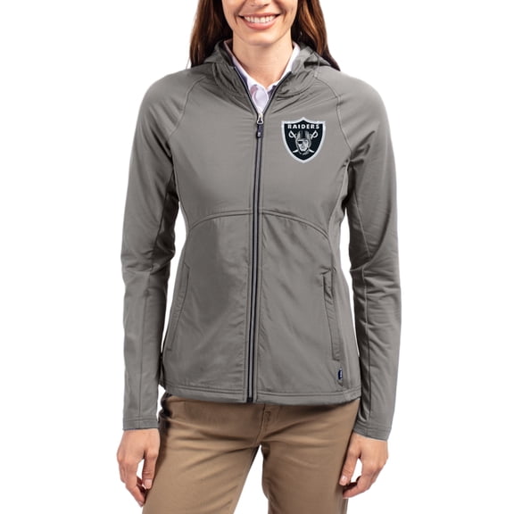 Women's Cutter & Buck Gray Las Vegas Raiders Adapt Eco Knit Hybrid Recycled Raglan Full-Zip Hoodie Jacket