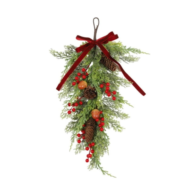 Guirnalda navideña con forma de lágrima y lazo, guirnalda para puerta, corona artificial, adorno colgante navideño para valla festiva, chimenea.