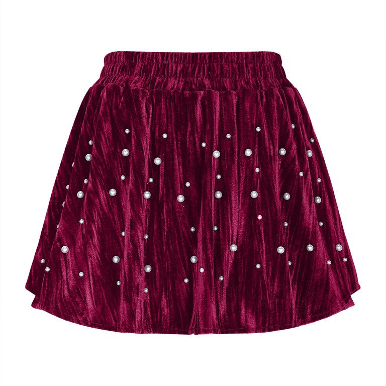 qolati Women Shorts 2025 Vintage Pearl Studded Skort Elastic High