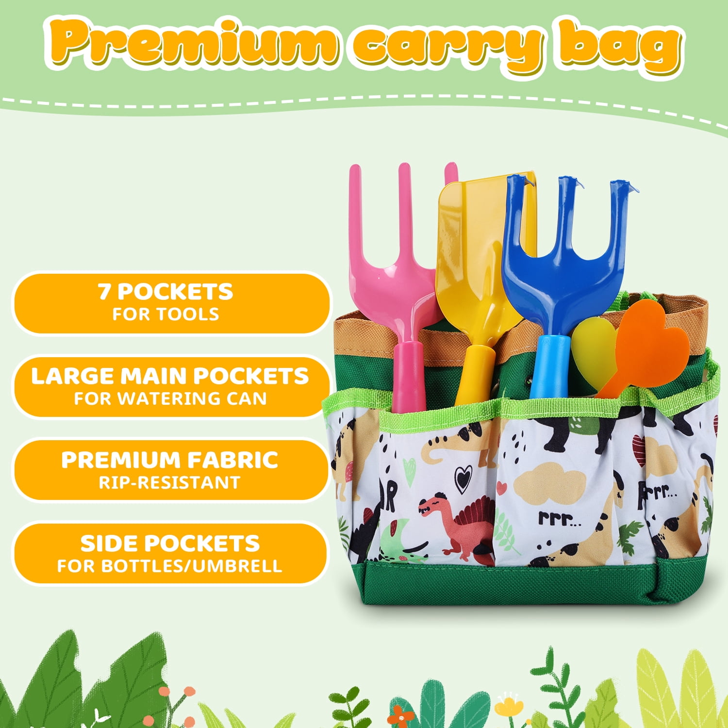 JoyStone 18 PCS Kids Gardening Tool Set with Dinosaur Apron, Watering Can & Sprinkler Head, Tote Bag, Gloves, Shovel & Rake, Outdoor Gift for Boys & Girls Ages 3+